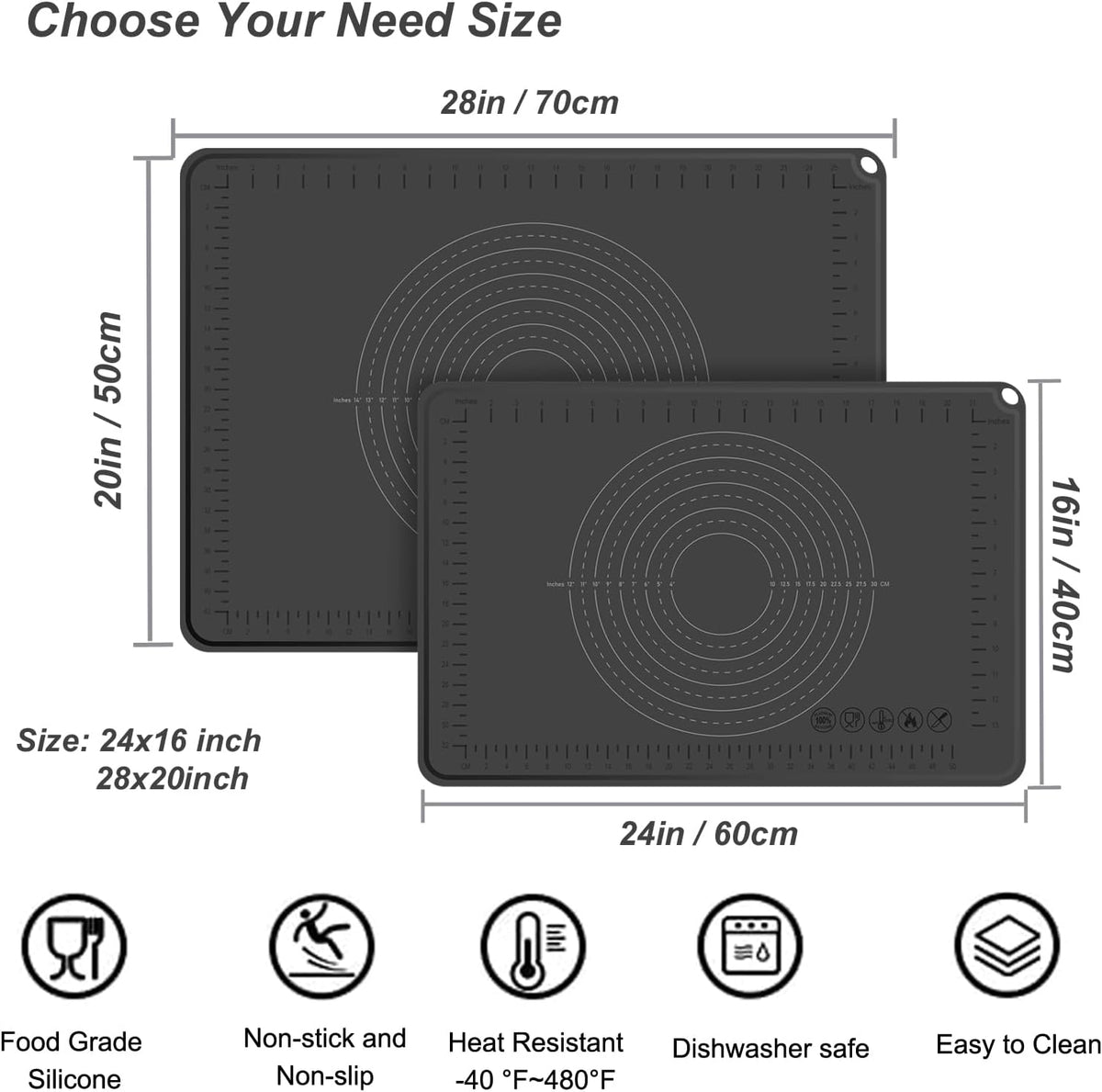 Silicone Pastry Mat 28" x 20" Extra Thick Dough Rolling Mat with Measurements and Edge Heightening, Non-stick Food Grade Silicone Baking Mats for Pastry, Bread, Cookies, Pizza, Fondant, Pasta