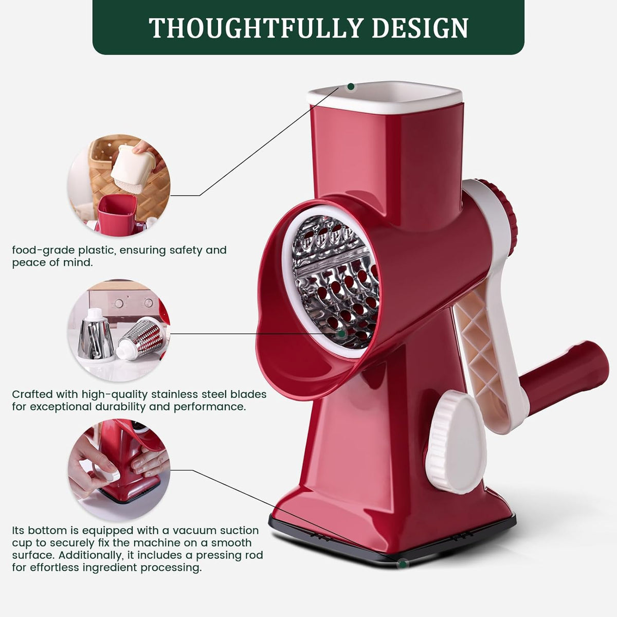 HANSGO Rotary Cheese Grater, Hand Crank Cheese Shredder, Vegetable Slicer for Kitchen, 3 Interchangeable Blades for Potatoes Carrots Onion Zucchini Nuts Chocolate Fruits, Red