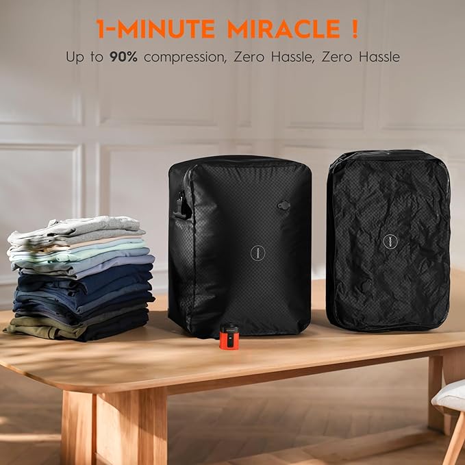 Vacuum Compression Bags with Wireless Pump – Space Saver Compression Bags for Luggage, No Checked Baggage, Triple Your Luggage Space, IP68, Reusable, Fits 20/24/28 Inch Suitcase (No Tracker)
