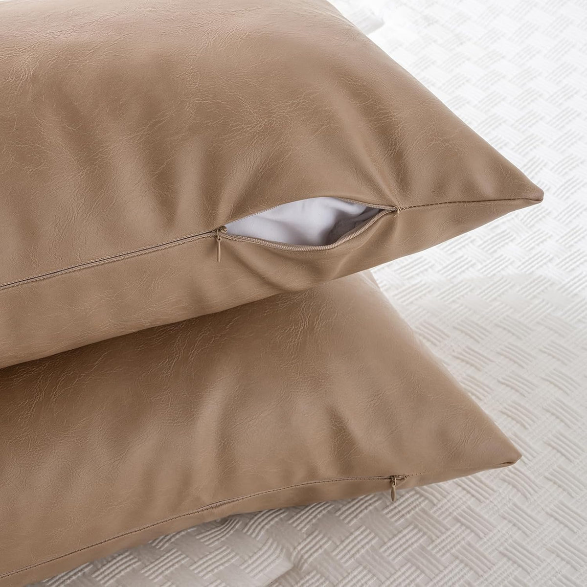 Fancy Homi Tan Boho Long Lumbar Faux Leather Body Decorative Throw Pillow Cover 14x40 Inch for Bedroom Couch Bed Sofa, Stylish Solid Rectangular Beige Pillowcase, Rustic Modern Farmhouse Room Decor
