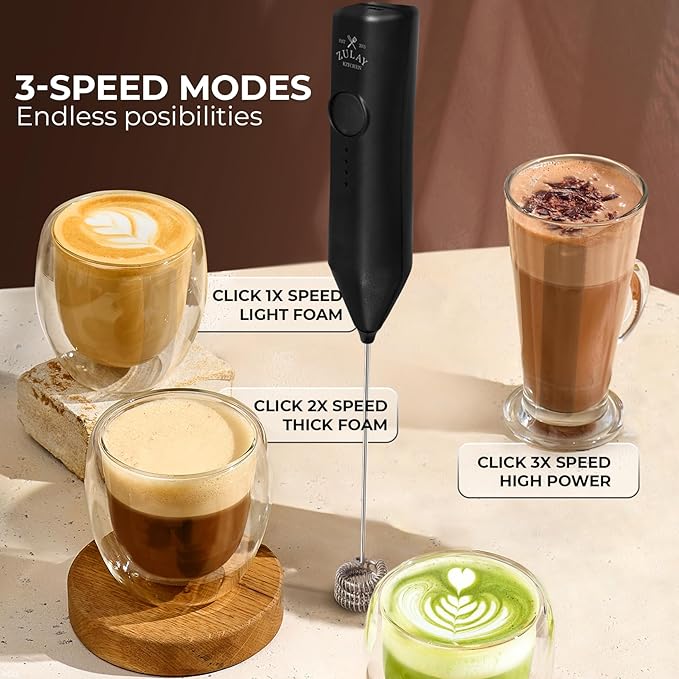Zulay Kitchen Rechargeable Milk Frother - Dynamic - 3 Speeds, 3 Whisk Attachments, 500 mAh USB Charging, Drink Mixer For Latte, Cappuccino, Matcha, Protein Powder, Coffee Foam - Black