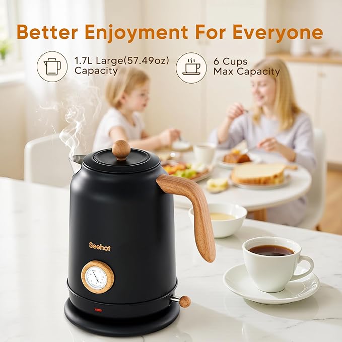 Seehot® 1.7L (57.oz) Electric Kettle with Thermometer, 1200W Large Electric Tea kettle with 304 Stainless Steel,Auto shut off,Hot water kettle Electric for Coffee&Tea-Black