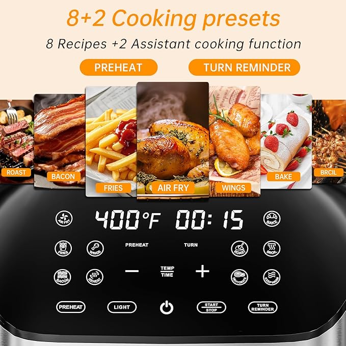 Panana Air Fryer 8.5QT For Quick Easy Meals, Compact Air Fryer with 10 Preset Function, Airfryer with Easy View Window, Adjustable Timer And Temperature, LED Display and Touch Control, 1700W