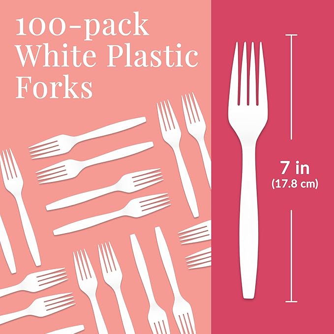 Prestee 100 White Plastic Forks Heavy-Duty, Heavyweight Plastic Silverware Forks, Fancy Plastic Cutlery, Elegant Disposable Forks Pack, Bulk Disposable Flatware, Christmas Holiday Plastic Utensils Set