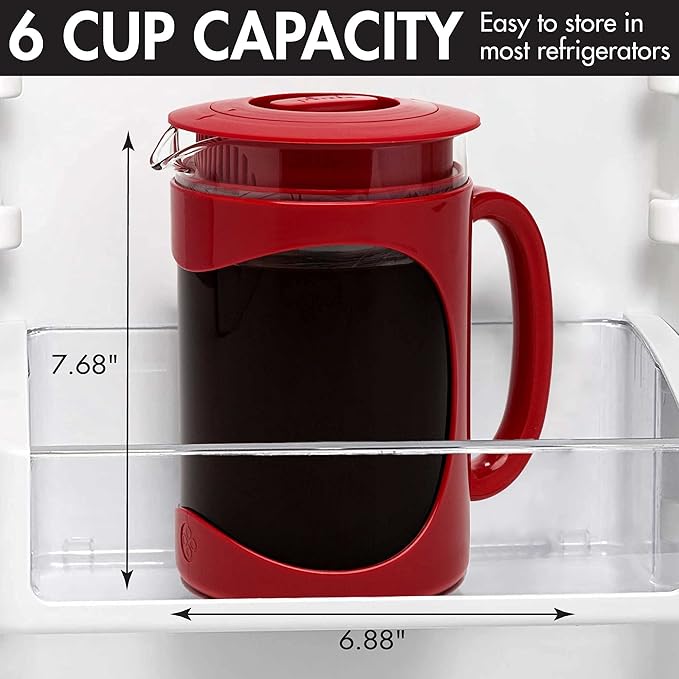 Primula Burke Deluxe Cold Brew Iced Coffee Maker, Comfort Grip Handle, Durable Glass Carafe, Removable Mesh Filter, Perfect 6 Cup Size, Dishwasher Safe, 1.6 qt, Red