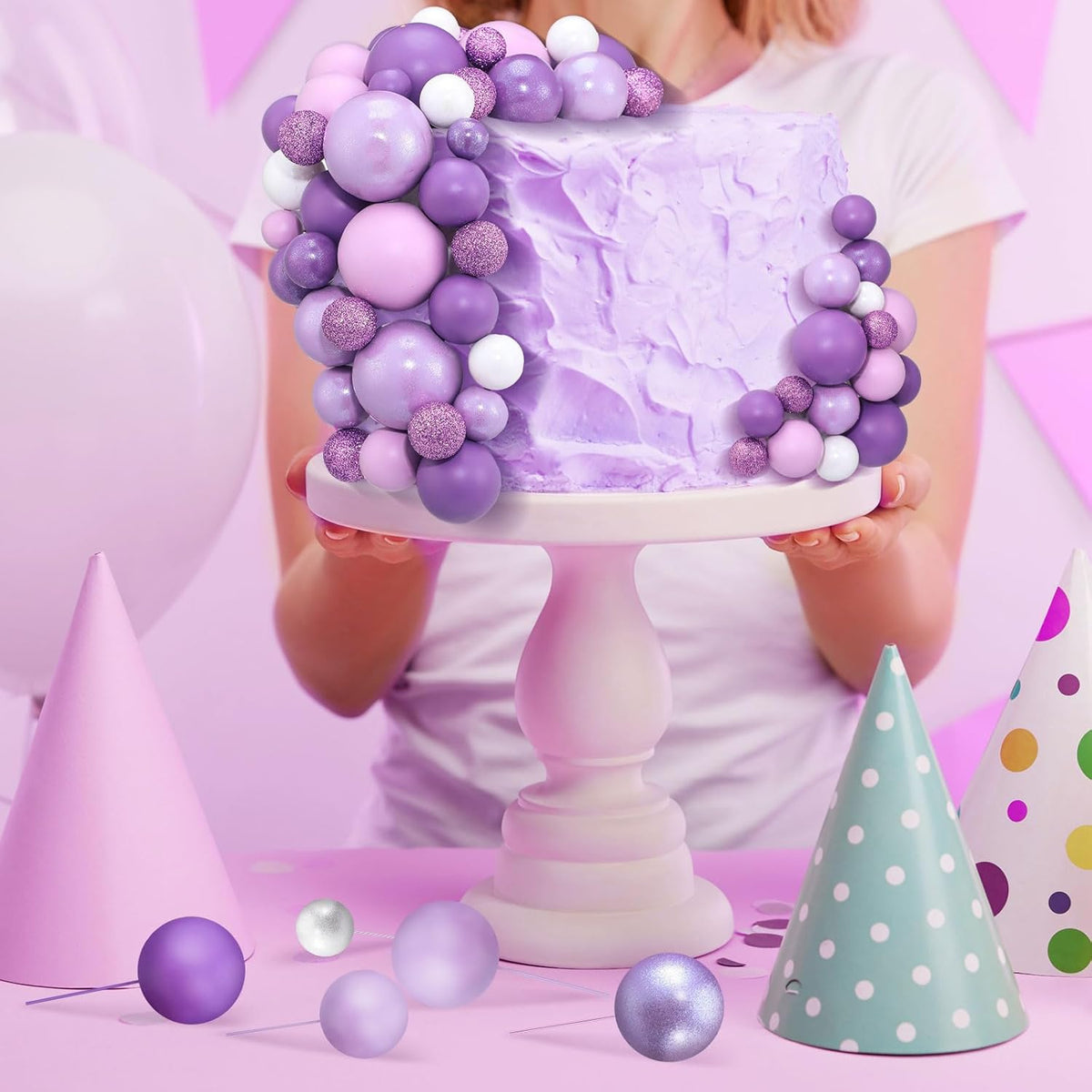 108 Pcs Balls Cake Topper DIY Cupcake Insert Foam Balloons for Cake Baking Wedding Anniversary Birthday Decoration(Assorted Purple,Multi Sizes)