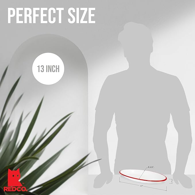 Red Co. Set of 4 Enamelware Metal Classic 13" Serving Oval Tray Platter, Solid White/Red Rim
