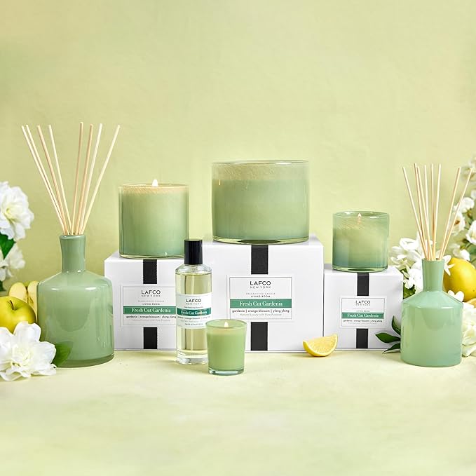 LAFCO New York Signature Candle, Fresh Cut Gardenia - 15.5 oz - 90-Hour Burn Time - Reusable, Hand Blown Glass Vessel - Made in The USA