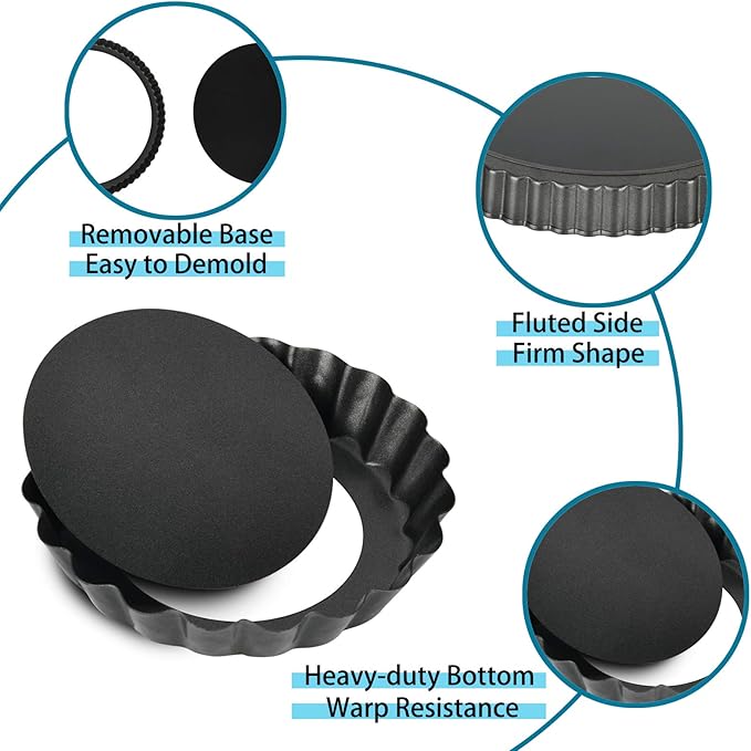 Mini Tart Pans with Removable Bottom 4 inch Set of 10, Non-stick Round Quiche Pan Heavy Duty Carbon Steel for Mousse Cakes, Christmas Dessert Baking with Silicone Scrubber