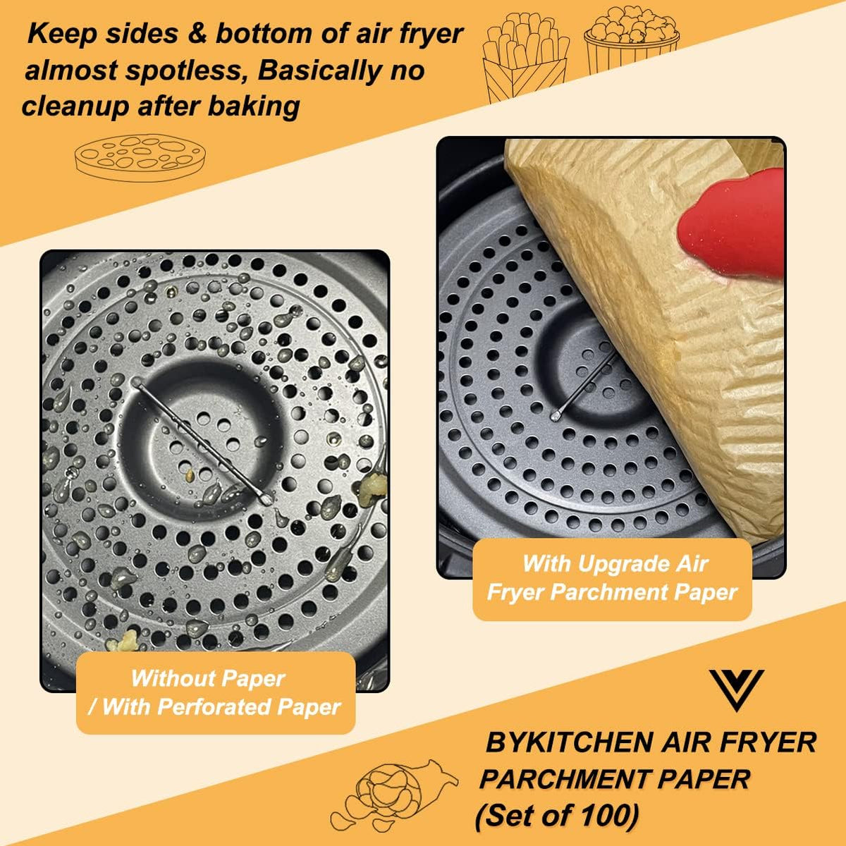 BYKITCHEN Air Fryer Parchment Paper for 2 to 5 QT, Set of 100, 8inch Round Airfryer Liners, Nonstick Air Fryer Filter Paper, Compatible with Ninja, Chefman Airfryer and More