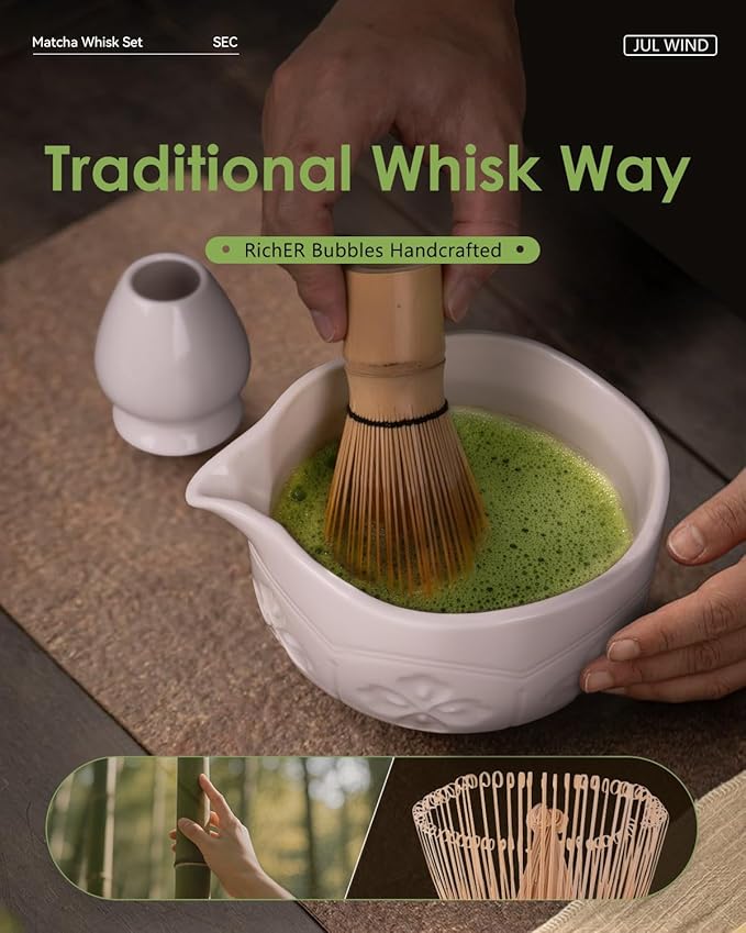 Matcha Whisk Set, Ceramic Matcha Set Includes Matcha Bowl with Spout, Matcha Whisk and Holder, Bamboo Scoop, Sifter and Tea Towel - 6 Pcs Matcha Kit Gift for Matcha Lovers Beginners (White)