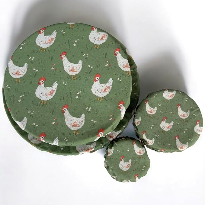 (4-Pack) Sourdough Reuseable Jar & Bowl Covers | Cute Baking Gift | 100% Cotton | Washable | Bread Proofing | Kitchen Food Storage Gifting | Starter Cover Lid Kit (Chickens)