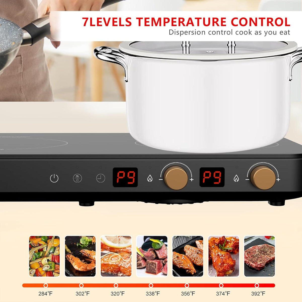 Induction cooker with 2 burners, detachable baking tray, non stick, temperature control option with timer, suitable for kitchen and outdoor barbecue