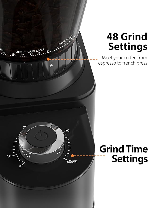 Aromaster Coffee Bean Grinder with 48 Gind Settings, Conical Burr Coffee Grinder for Home Use,Stainless Steel,40 Seconds Adjustable Timer,Anti-static,Easy to Clean with Brush,Black