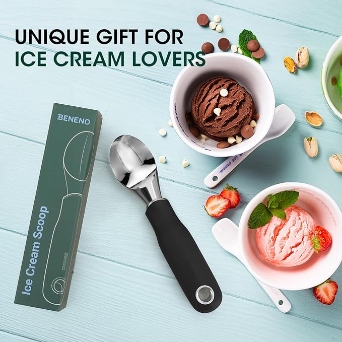 Beneno Heavy Duty Ice Cream Scoop - Upgraded Anti-Fracture Design, Comfortable Grip Long Handle, Effortless Scooping & Dishwasher Safe, Black