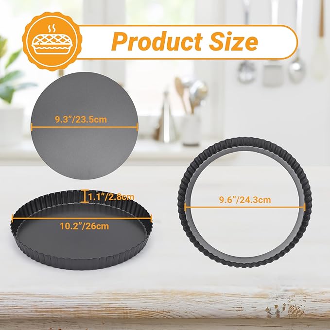 Beasea Tart Pan 10 Inch with Removable Bottom, Non Stick Quiche Pan Pie Shell Fluted Edge Tart Pan, Loose Base Carbon Steel Round Cooking Pan for Baking