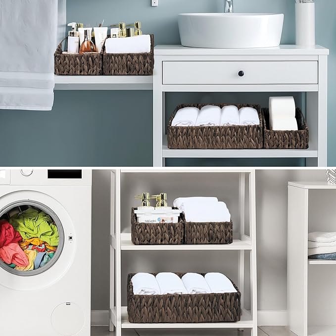 Ollieroo Natural Water Hyacinth Storage Baskets, Handwoven Wicker Storage Bins with Built-in Handles, Storage Container Baskets for Shelves, Bedroom, Bathroom, Laundry Room or Kitchen(Black)