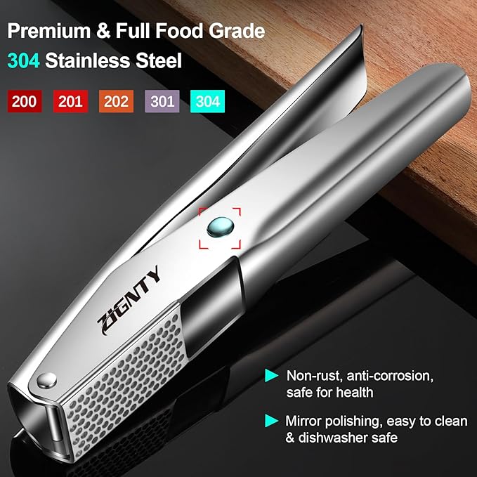 Garlic Press Stainless Steel, Professional Mincer No Need to Peel, Large Trough Presser Ergonomic Handle Easy Squeeze, Ginger Crusher & Masher Dishwasher Safe Rust Proof