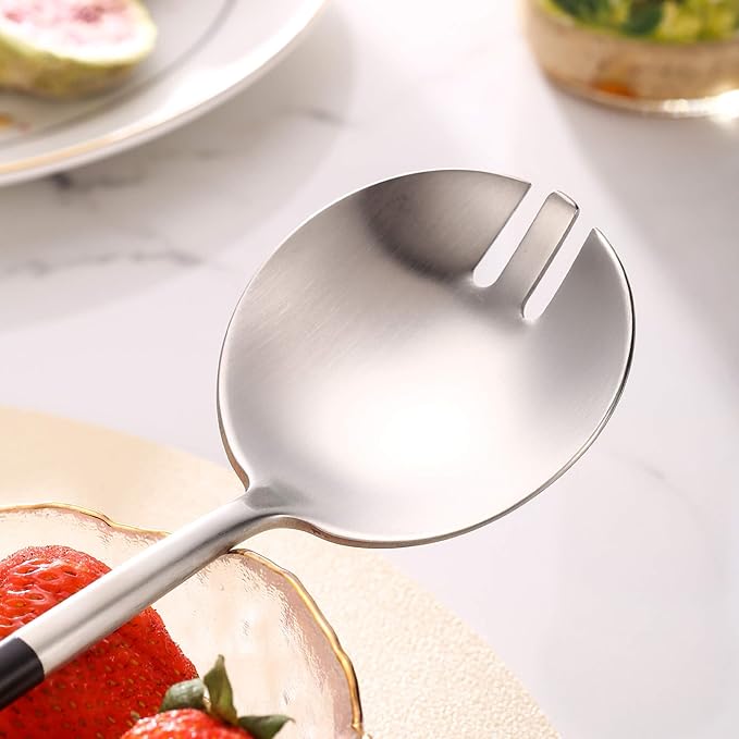 Lemeya Silver Black Salad Serving Utensils,Serving Spoons Stainless Steel,2Pcs Long Handle Salad Servers 11.42 Inch,Salad Utensils for Serving,Matte Finish,Dishwasher Safe