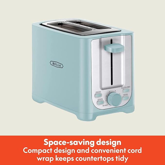 BELLA 2 Slice Toaster with Auto Shut Off - Extra Wide Slots & Removable Crumb Tray and Cancel, Defrost & Reheat Function - Toast Bread, Bagel & Waffle, Aqua