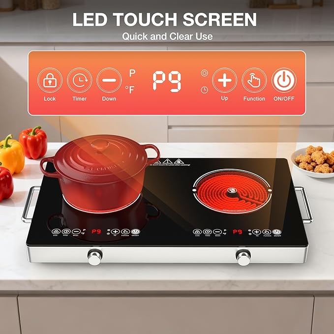 4000w Electric Cooktop 2 Burners, 23'' Electric Stove Top 110v with Plug in, GTKZW Knob Control Countertop & Built-in Ceramic Cooktop, 9 Power Levels, Child Lock, Timer, Over-Heat Protection