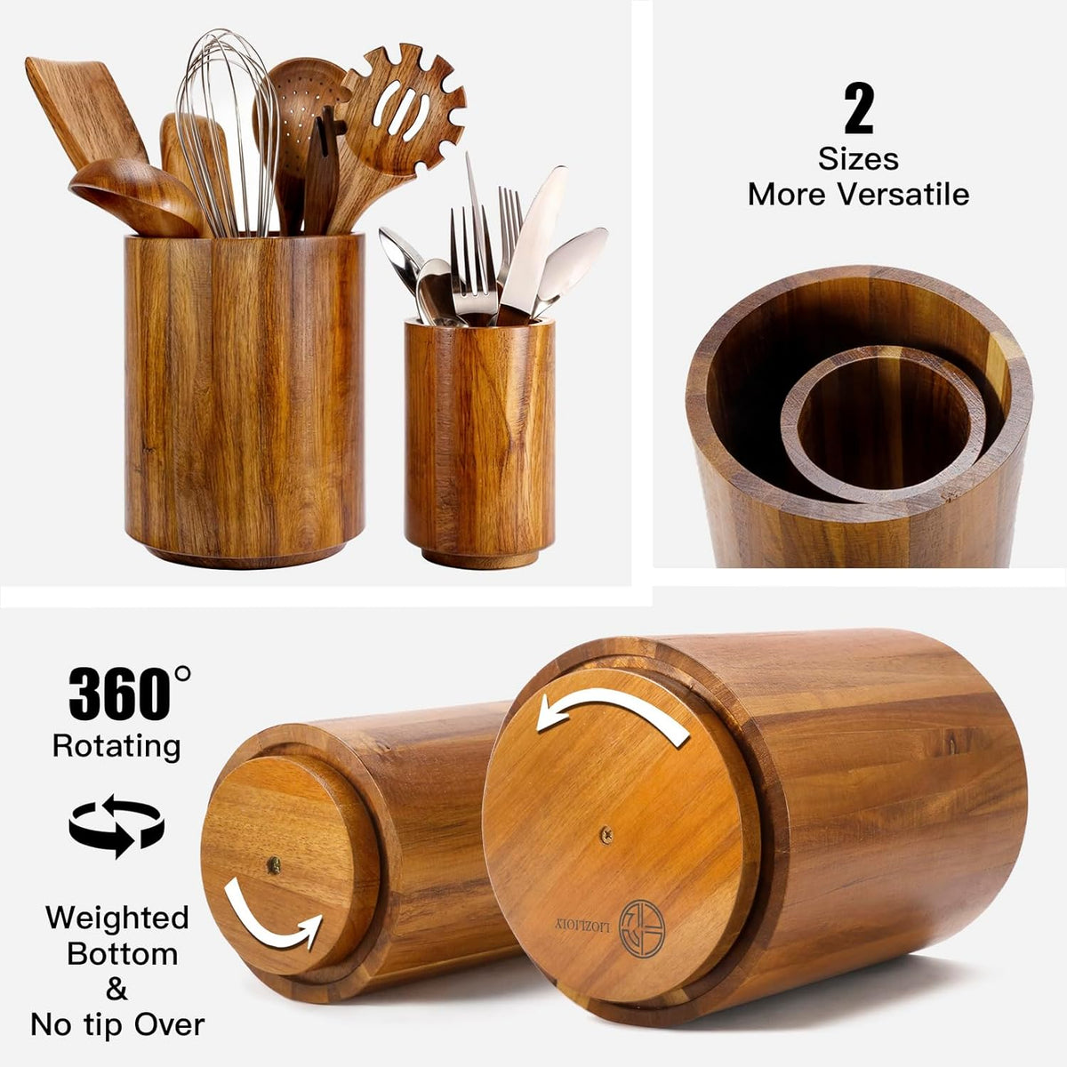 Large Acacia Wood Utensil Holder for Kitchen Counter, 360° Rotating Kitchen Utensil Holder, Set of 2 (7.9" & 5.9"), Rustic Farmhouse Decor Accessories