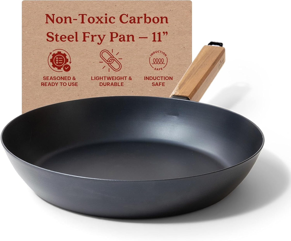 Alva Forest 11" Carbon Steel Frying Pan Pre-Seasoned, Lightweight Chef-Grade Skillet with Stay-Cool Acacia Handle, Natural Nonstick, Induction & All-Stove Compatible – Professional Restaurant Quality