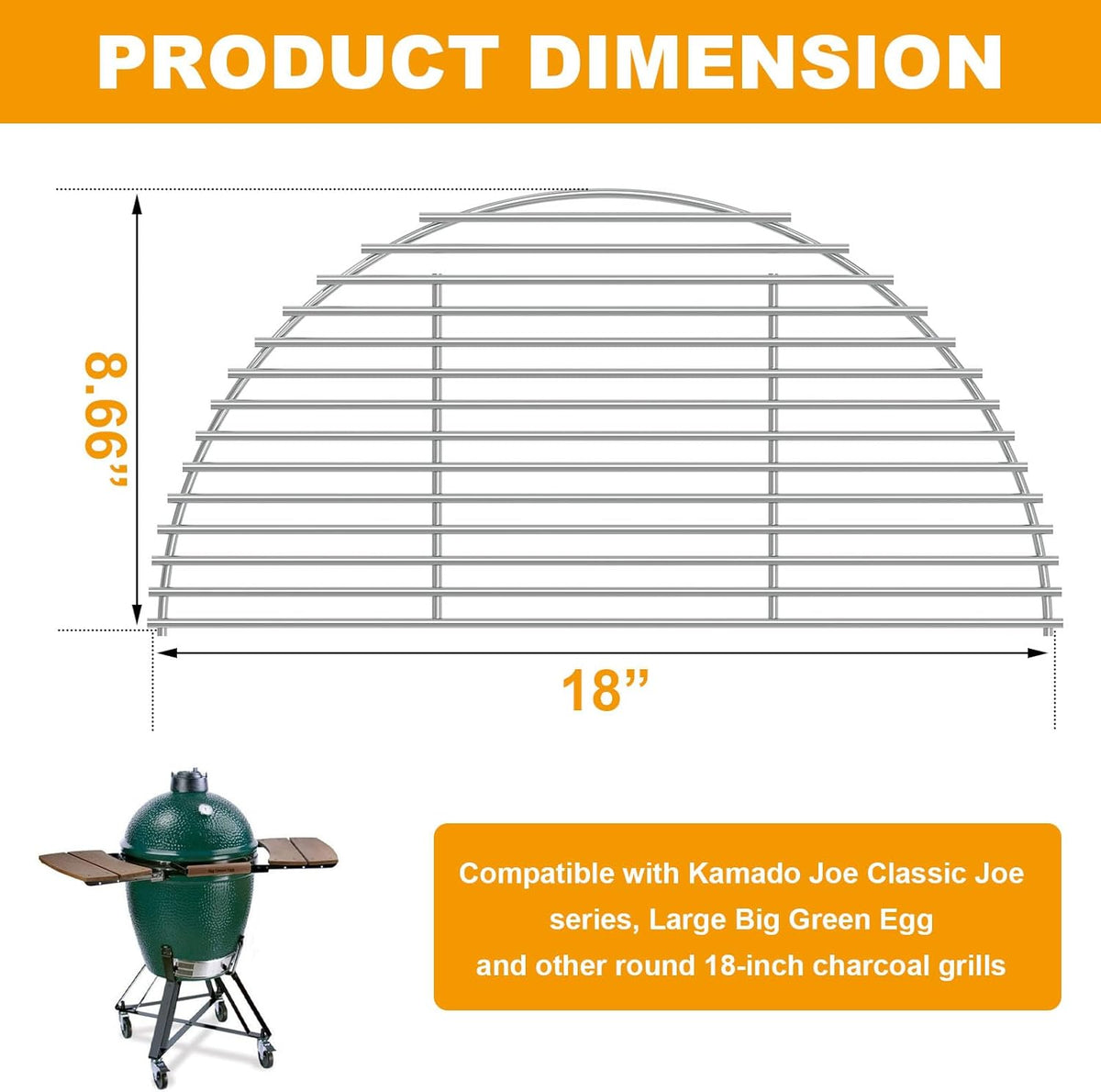 18 inch Stainless Steel Half-Moon Cooking Grate for Kamado Joe Classic Joe Series, Large Big Green Egg, and Other Round 18-inch Charcoal Grills