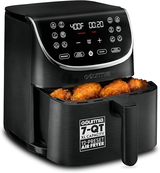 Gourmia Air Fryer - 7 Qt Large Capacity with LED Display, 12 One-Touch Presets, FryForce 360° Technology, Nonstick Dishwasher-Safe Basket & Crisper Tray, Black
