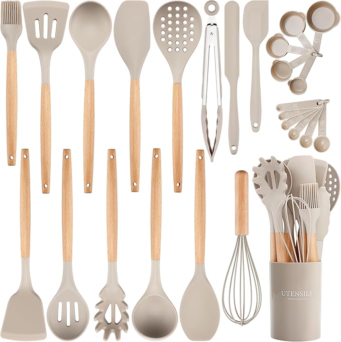 26 Pcs Silicone Cooking Utensils Set with Holder, NCUE BPA Free Kitchen Utensils Set for Cooking, 446°F Spatulas Silicone Heat Resistant Wooden Handle Spoon Tongs Non-stick Kitchen Gadgets (Khaki)