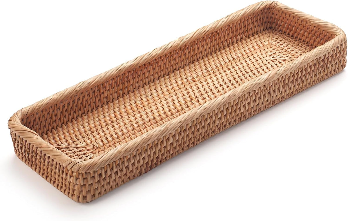 Rattan Bathroom Vanity Trays Toilet Tank Baskets Long Narrow Hand Towel Storage Basket for Storage, Decorative (Natural 16.3 x 6.1 x 2 inch)