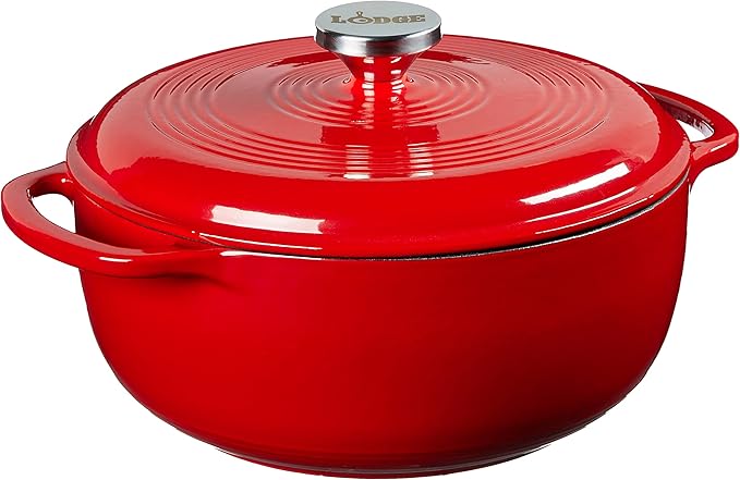 Lodge 4.5 Quart Enameled Cast Iron Dutch Oven with Lid – Dual Handles – Oven Safe up to 500° F or on Stovetop - Use to Marinate, Cook, Bake, Refrigerate and Serve – Solid Red