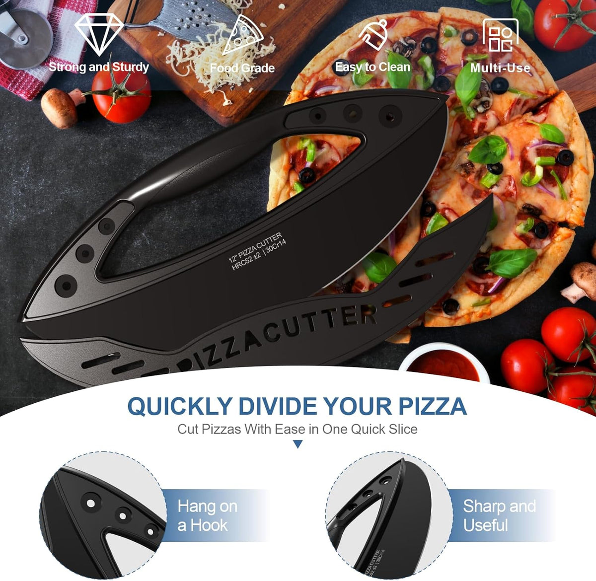 AILUROPODA 12-Inch Pizza Rocker Blade Cutter, Stainless Steel with Protective Cover, Black