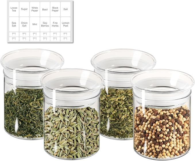 ZENS 10oz Glass Jars with Airtight Lid, 4 Pack Glass Kitchen Canisters Set for Spice, Loose Tea, Small Clear Glass Storage Jars with Labels for Herbs, Sugar
