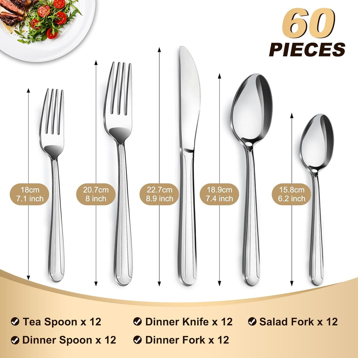 Pleafind 60-Pcs Silverware Set Service for 12, Premium Stainless Steel Flatware Set, Include Forks Spoons and Knives Set, Mirror Polished Cutlery Utensil Set for Home Restaurant, Dishwasher Safe