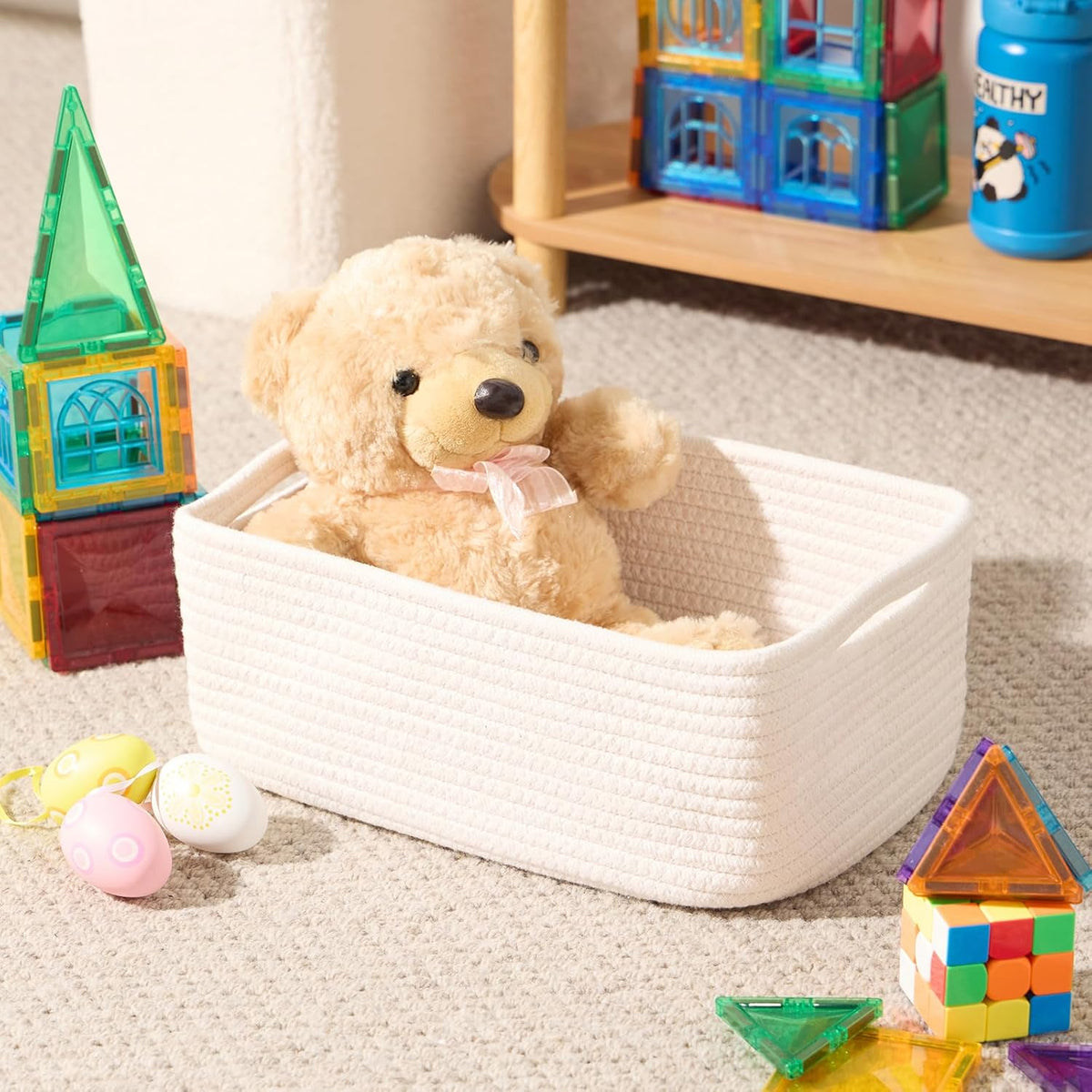 Small Storage Baskets for Organizing | Closet Organizer Bins | Shelf Toy Basket | Woven Rope Baskets | Cube Decorative Box | Shallow Basket | 13x8.5x5.1” | 3 Packs Off White