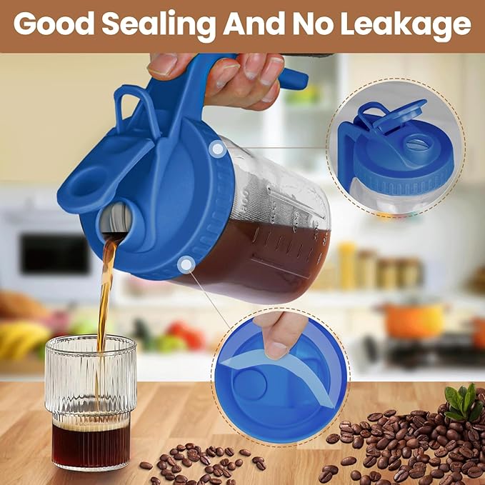 Cold Brew Coffee Maker,32 oz Mason Jar Pitcher with Stainless Steel Filter, Pour Spout Handle Lid, Heavy Duty Glass Airtight & Leak-Proof Pitcher for iced coffee Tea Lemonade-Blue