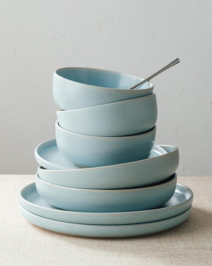 Famiware Milkyway Plates and Bowls Sets, 12 Pieces Dinnerware Sets, Reactive Glaze Dish Set, Stoneware Dishes Set for 4, Light Blue