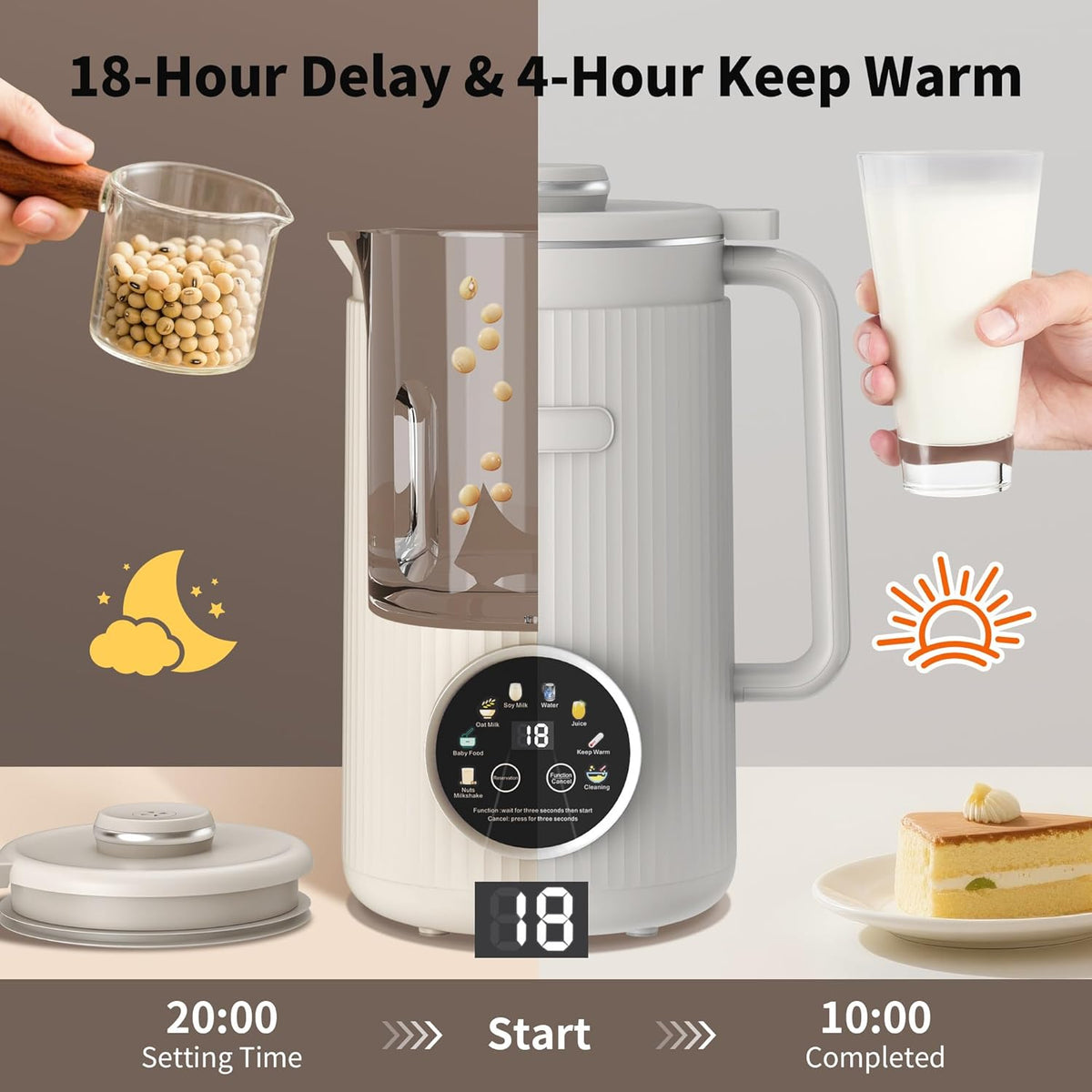 35oz Nut Milk Maker Machine: 8-in-1 Soy Milk Maker with Auto Clean & 20-Blade - Multi-Function Nut Milk Machine with Self-Cleaning, Auto Shutoff, for Vegan Drink (White)