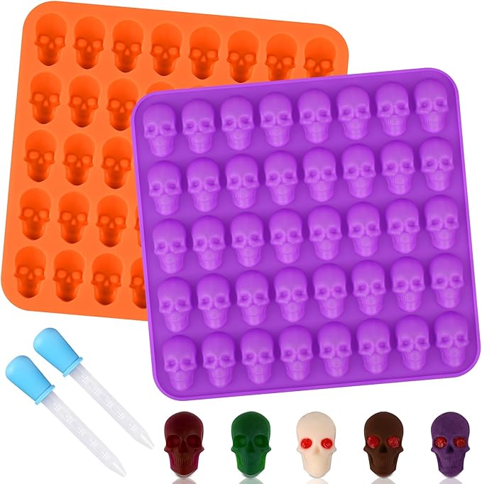 Sakolla 2 Pack Gummy Skull Candy Silicone Molds 40 Cavity Silicone Skull Molds with 2 Droppers for Halloween Chocolate, Candy,Jelly, Wax Melt, Dog Treats, Ice Cube