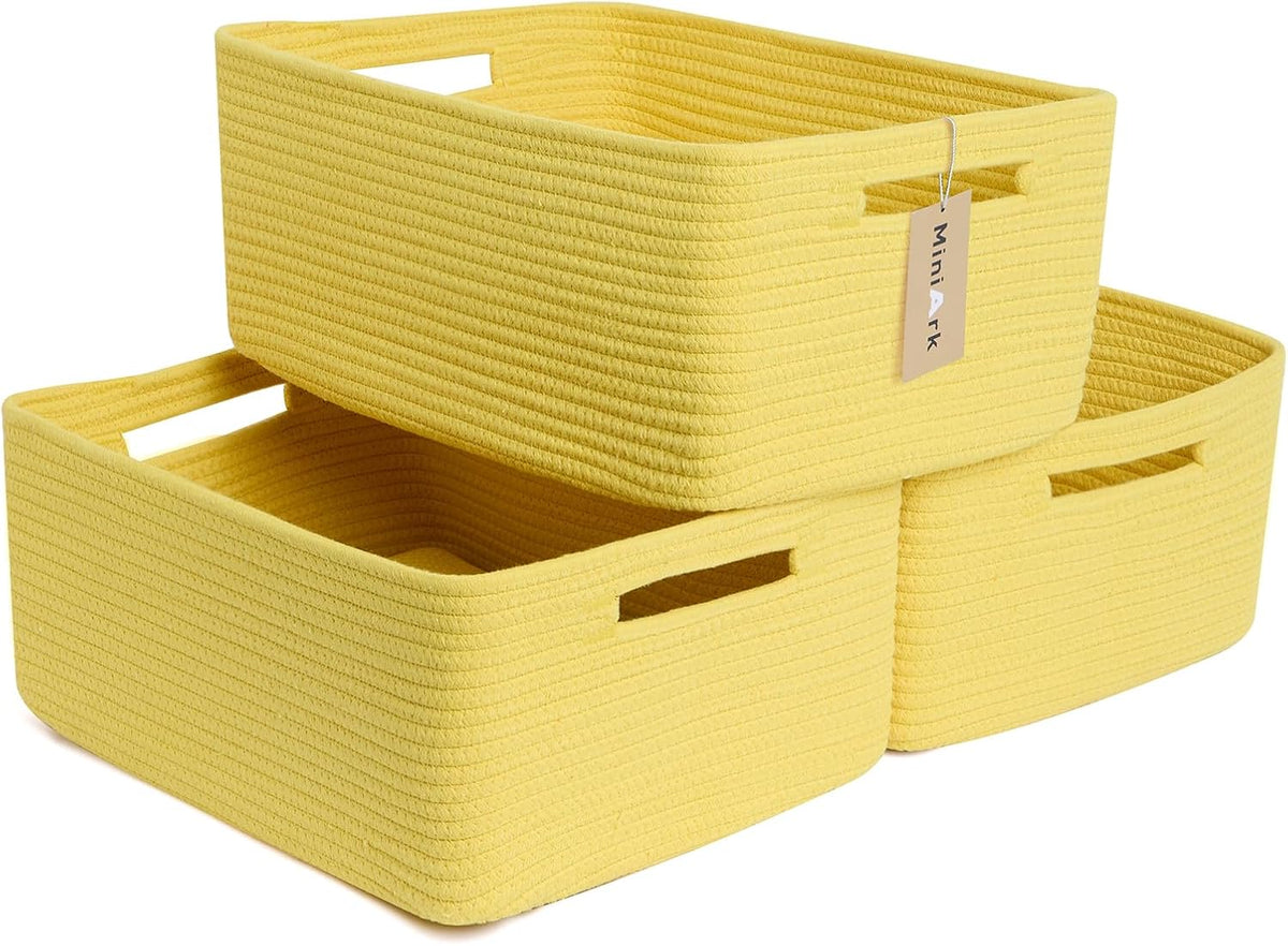 Large Storage Baskets for Shelves, Closet Organizers Bins for Clothes Blanket Towels, Baby Nursery, Toy Baskets Box, Woven Rope Baskets, 17 x 13 x 7.5”, 3 Packs Yellow
