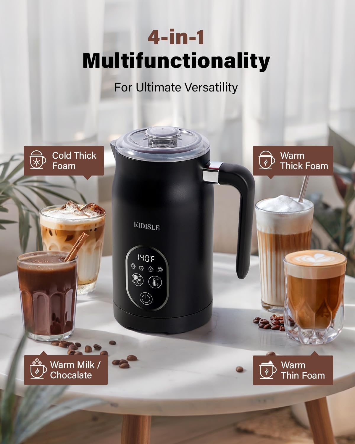 4-in-1 Electric Milk Frother and Steamer, Milk Steamer with Auto Temperature Control, Warm & Cold Foam Maker, Fast Frother for Coffee, Latte, Hot Chocolate, Cappuccino, Macchiato, Black