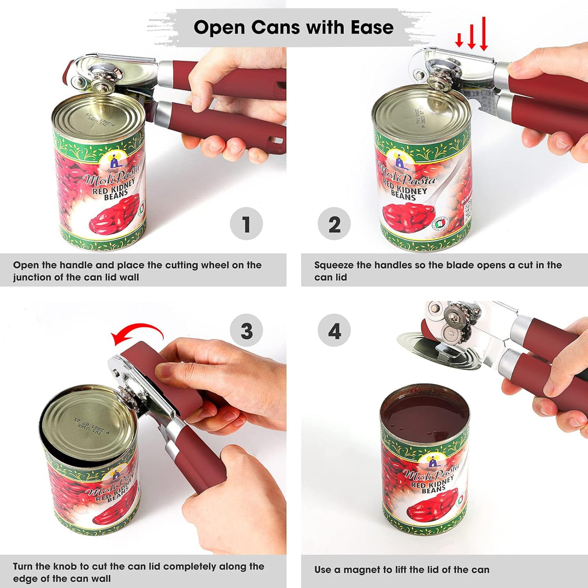 Beneno Can Opener Manual with Magnet, Hand Held Heavy Duty Can Opener with Durable Sharp Blade Smooth Edge, Big Effort-Saving Knob, Soft Grip Rubber Handle, Multifunctional Bottle Opener, Red