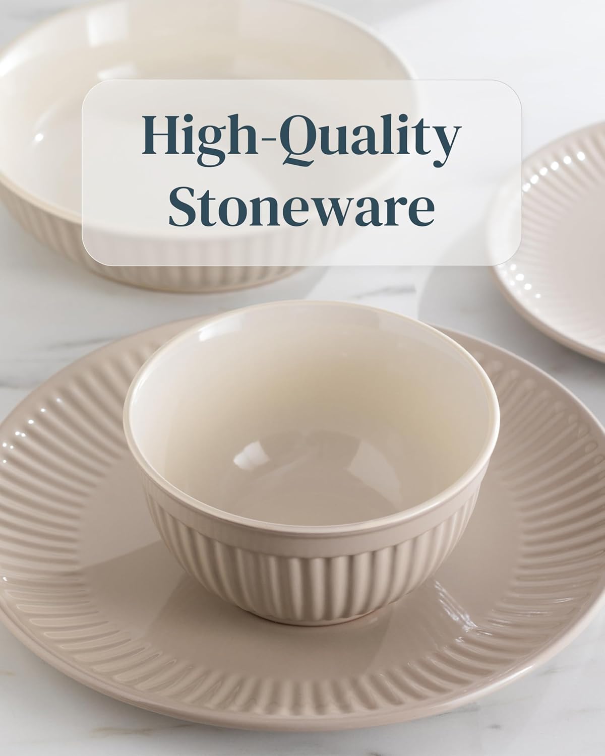 Stoneware Dinnerware Set for 4 People HYGGE 16-Piece - Elegant Scandi Design - Premium Dish Set - Bowl and Plate Set - Tableware for 4 People in a Ribbed Design - Pure Living in Light Brown