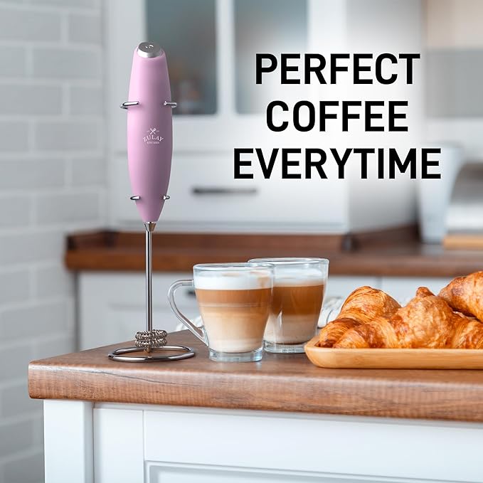 Zulay Kitchen Powerful Double Whisk Milk Frother Handheld - Foam Maker With Stand - Whisk Drink Mixer for Coffee, Mini Foamer for Latte, Matcha, Frappe, Hot Chocolate & Cappuccino - Pink