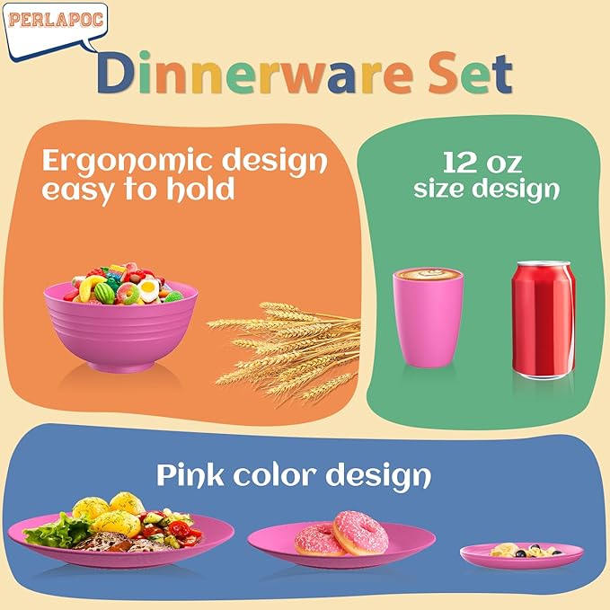 Wheat Straw Dinnerware Set 40 PCS | Service for 8 | Unbreakable Plates and Bowls Sets Plastic Reusable Dishes Sets Dinner Plates, Cereal Bowls, Water Cups Kitchen Set for Home RV- Pink