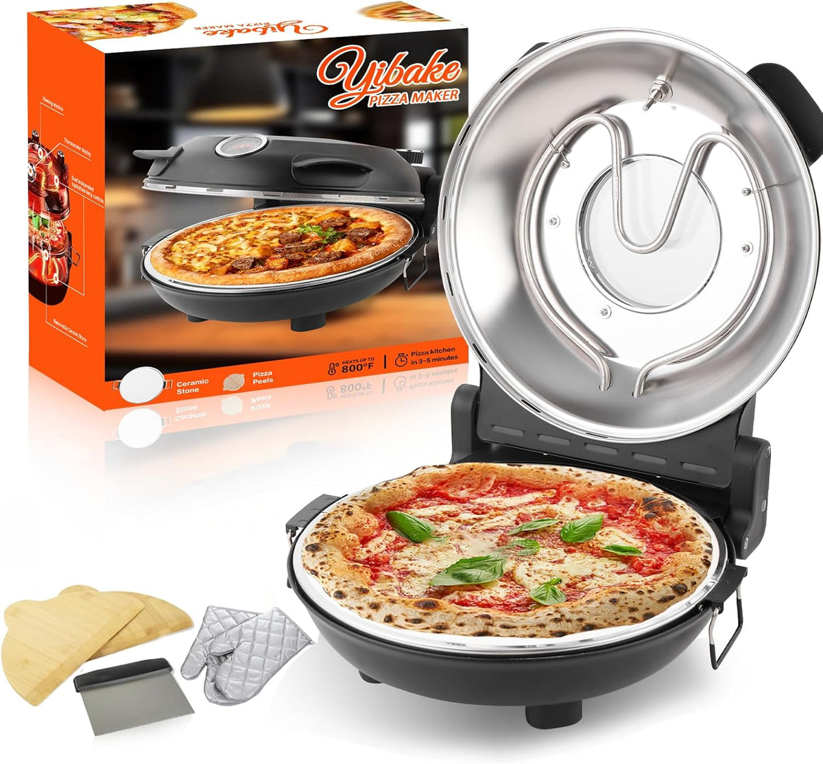 12" Electric Pizza Oven - Countertop Pizza Maker with Ceramic Stone, Heats up to 800°F, Portable Indoor Pizza Oven for Homemade Pizzas, Grey