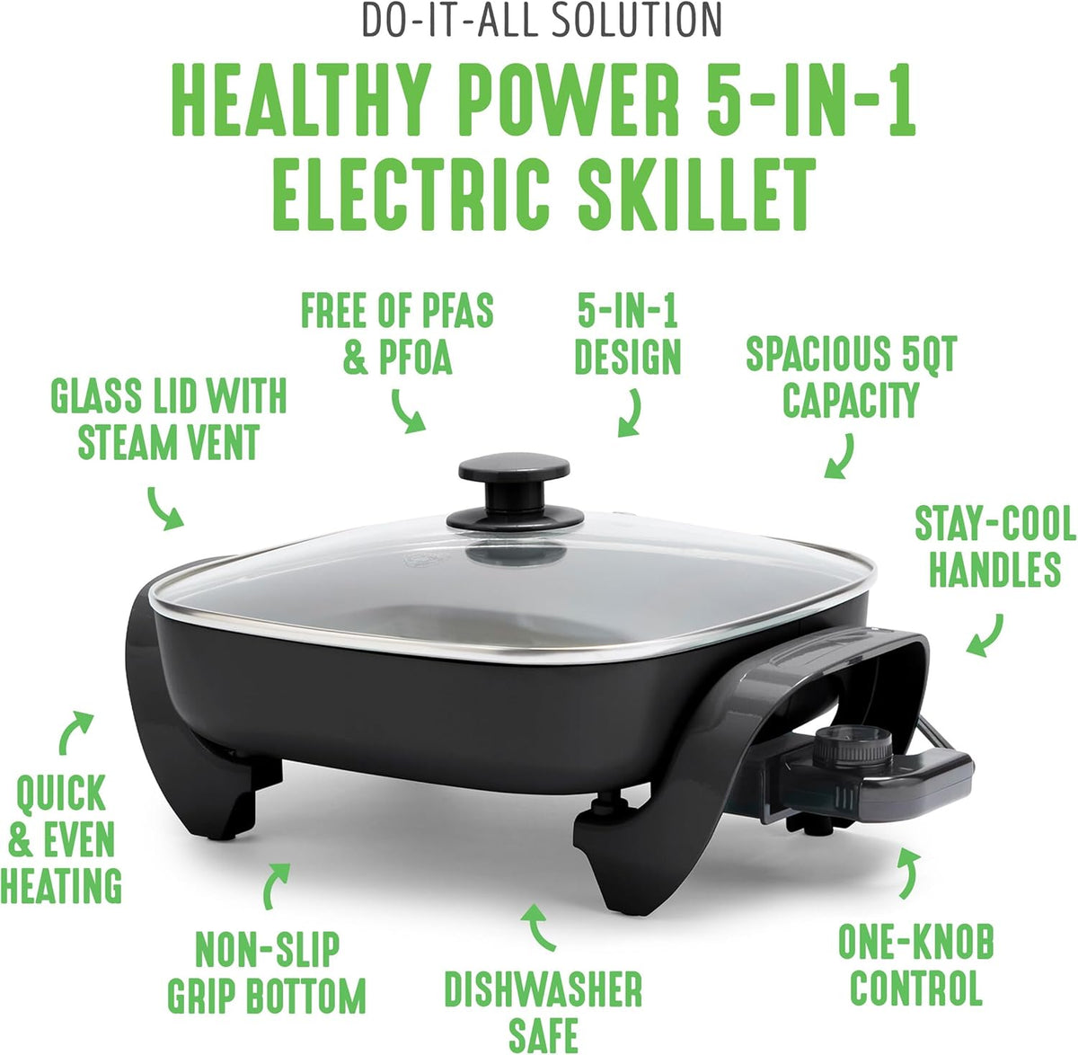 GreenLife 12" 5QT Square Electric Skillet, Glass Vented Lid, Ceramic PFAS-Free Nonstick Coated Interior, Adjustable Temperature Control, Cool Touch Handles, Quick Even Heating, Scratch Resistant,Black
