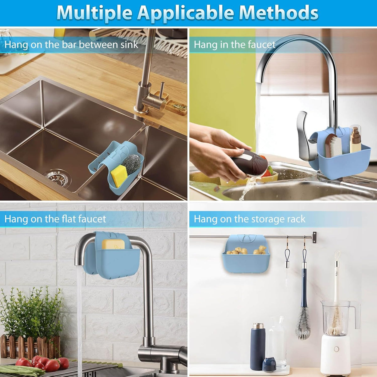 Sponge Holder for Kitchen Sink, Silicone Sink Saddle Caddy Organizer Rack, Sponges Holder Over Faucet, Hanging Kitchen Organizer Accessories Rack Basket Light Blue