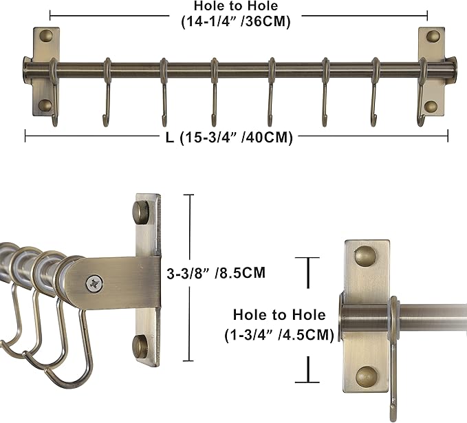 Dseap Kitchen Hooks for Hanging Utensils, Hanging Pot Rack, Kitchen Utensil Hanger Rail with 8 Hooks for Pots Pans, Spoons, Mugs, Wall Mounted, Stainless Steel, Bronze, Pack of 2